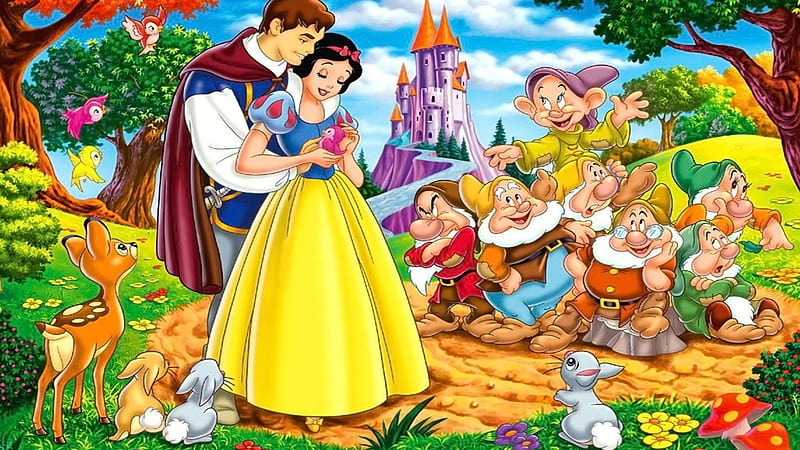 Snow White and the Seven Dwarfs, fantasy, girl, snow white, prince, dwarf, princess, disney, couple, gnome, HD wallpaper
