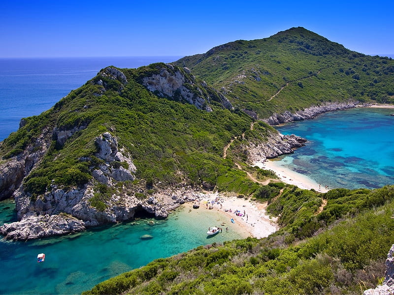Bay of Corfu,Greece, mountain, beach, ocean, nature, bay, HD wallpaper
