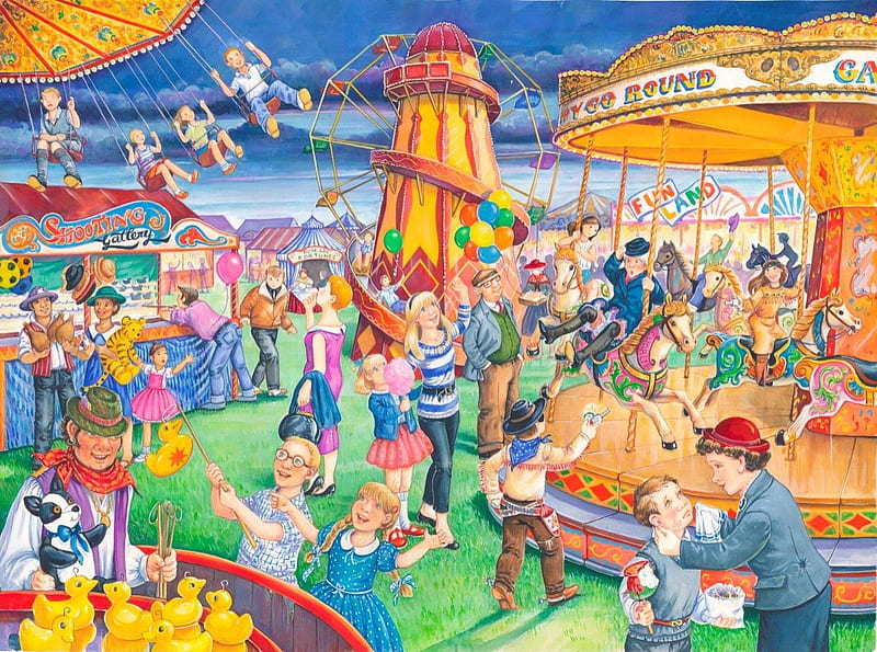 Fairground Rides, art, linda birkinshaw, green, people, yellow, painting, pictura, blue, HD wallpaper