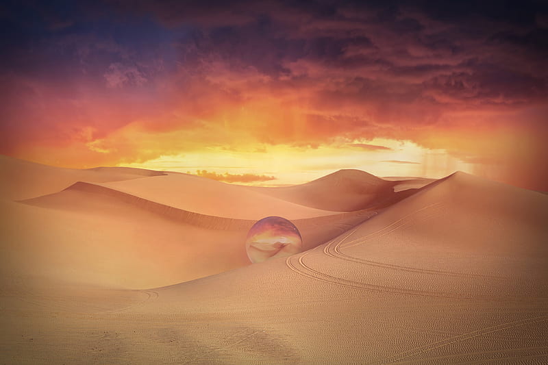 desert, dunes, crystal ball, sand, clouds, HD wallpaper