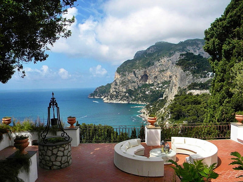 Beautiful Place, Veranda, mediterranean, view, bench, sea, HD wallpaper