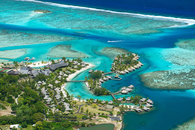 Aerial View over Moorea Island Polynesia, moorea, polynesia, resort, reef, bonito, sea, atoll, beach, turquoise, lagoon, sand, bungalows, aqua, aerial, luxury, blue, hotel, exotic, islands, view, ocean, pacific, coral, vista, shallow, water, paradise, island, tahiti, tropical, villas, HD wallpaper