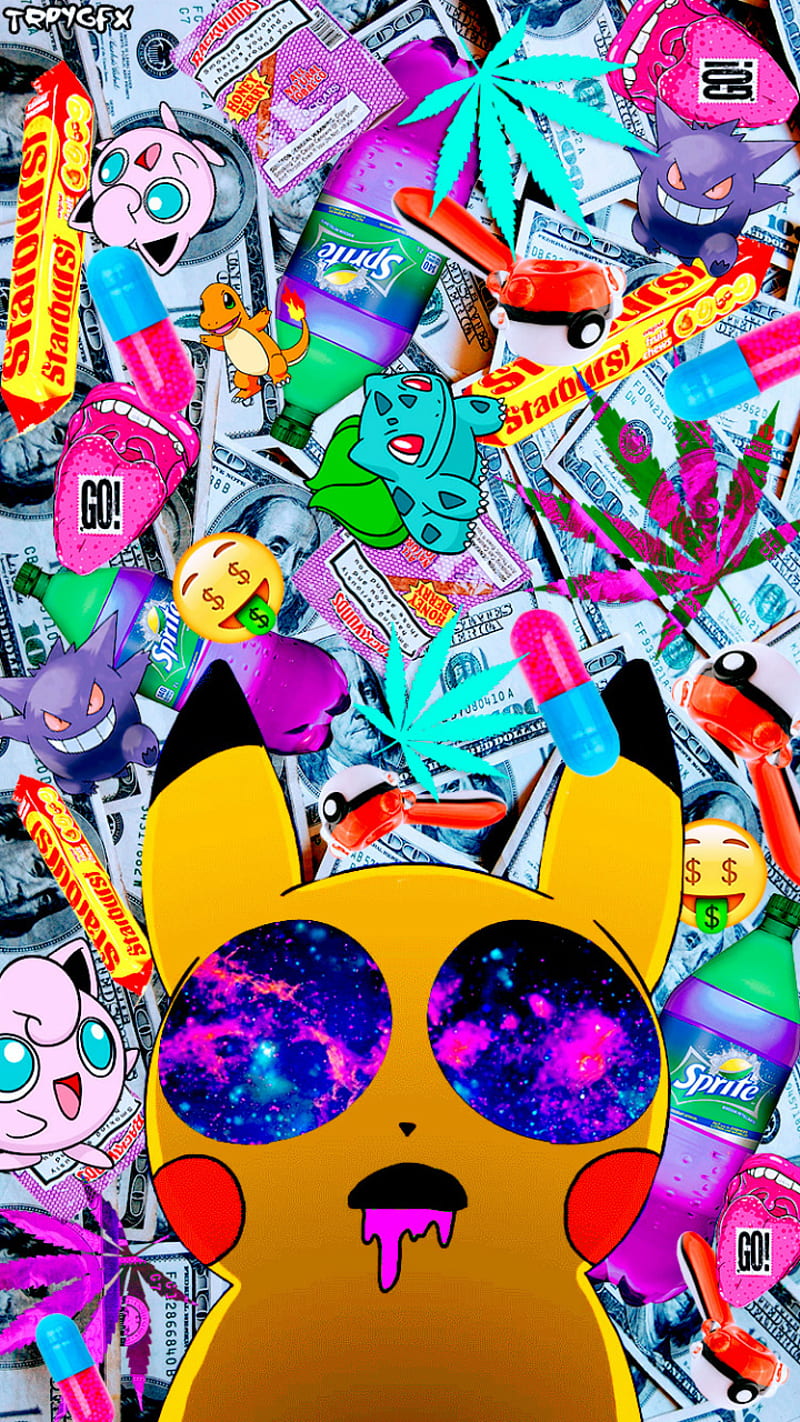 Pokemon Collage, art, collage, dollar bills, dope, graffiti, picachu, pokemon, HD phone wallpaper