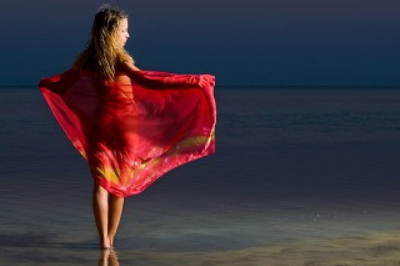 Lady in Red, red, lace, ocean, wind, sky, beach, sand, cape, beauty, evening, lady, HD wallpaper