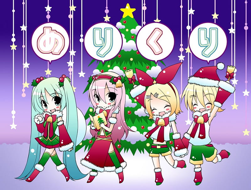 Christmas Time!, vocaloid, christmas tree, kagamine rin, hatsune miku, video games, hatsune miku project diva, chibi, megurine luka, project diva, santa, kagamine len, gifts, star, HD wallpaper