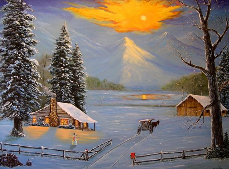 December, house, snow, sunset, trees, winter, HD wallpaper | Peakpx