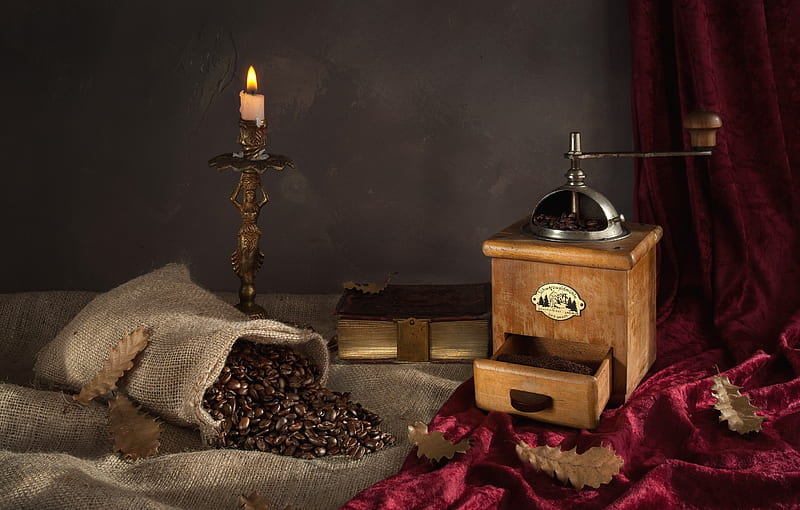 Vintage Coffee Grinder, candle, grain, bag, book, Beans, grinder, still life, coffee grinder, leaves, coffee, drink, vintage, HD wallpaper