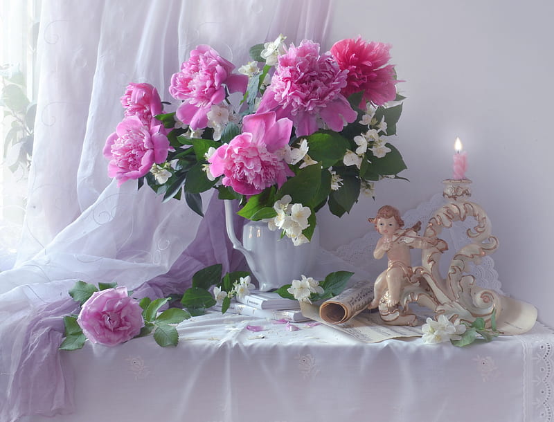 ️, Roses, Jasmine, Peonies, Candlestick, Notes, HD wallpaper