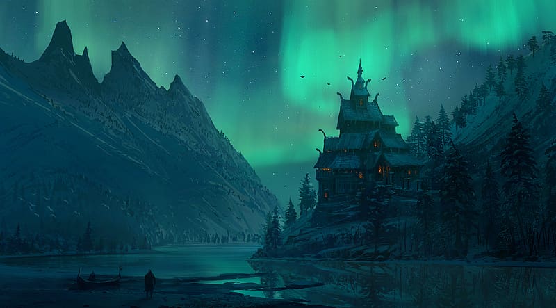 Assassin's Creed, Landscape, Lake, Aurora Borealis, Video Game, Assassin's Creed Valhalla, HD wallpaper