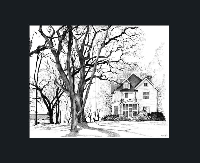 Early Spring Farmhouse, house, grass, frame, black, shrubs, illustration, trees, winter, elegant, sketch, farmhouse, swing, pencil, blossoms, Maryland, HD wallpaper
