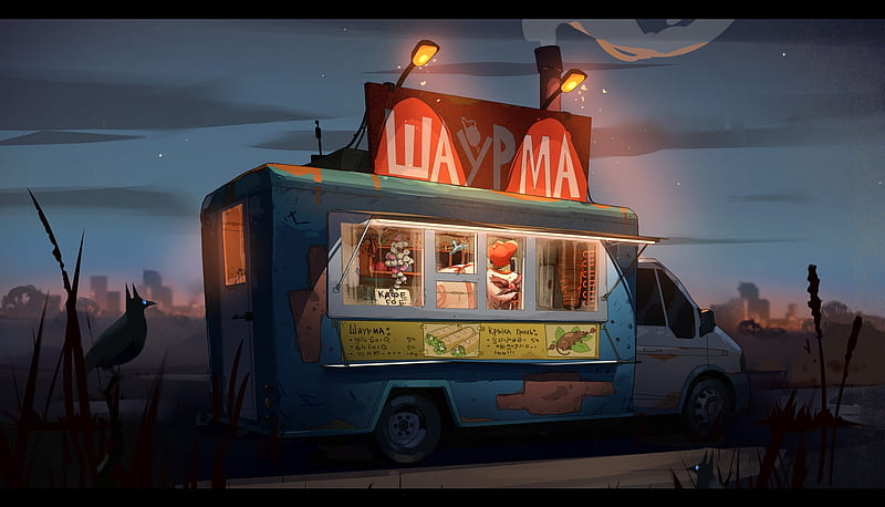 doner kebab, fantasy world, mobile food vendor, night, birds, Fantasy, HD wallpaper