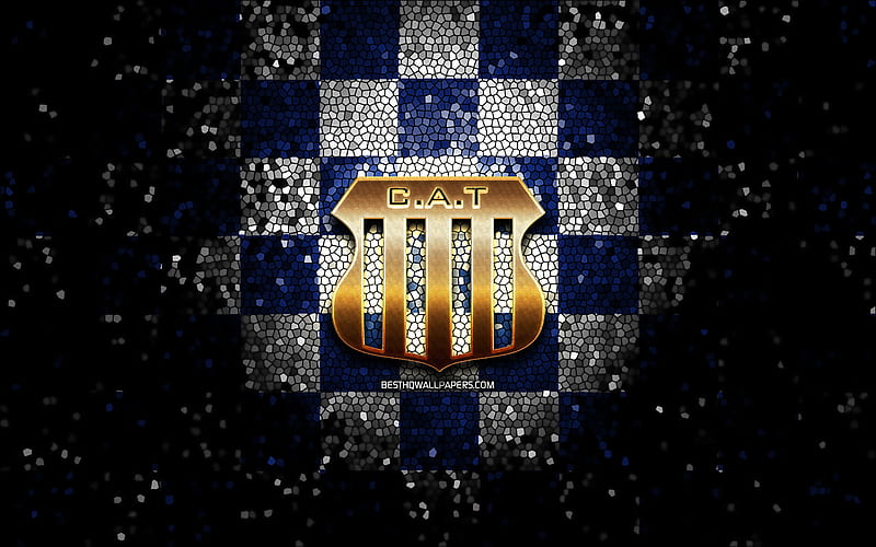 Talleres FC, glitter logo, Argentine Primera Division, blue white checkered background, soccer, argentinian football club, Talleres logo, mosaic art, Talleres Cordoba, CA Talleres, football, Club Atletico Talleres, HD wallpaper