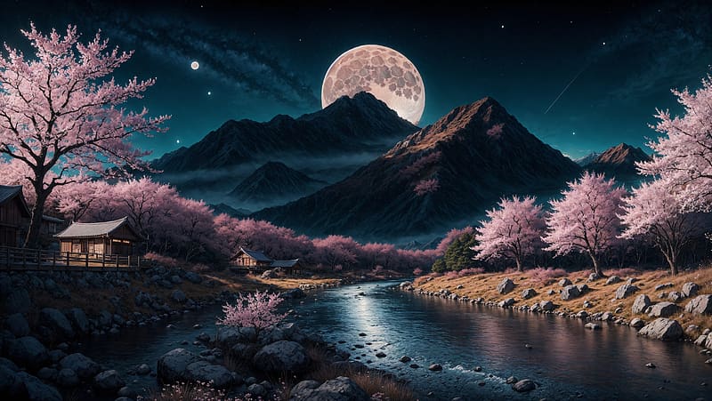 Cherry Blossom Mountain River Landscape, HD wallpaper Cherry Blossom Mountain River Landscape, HD wallpaper