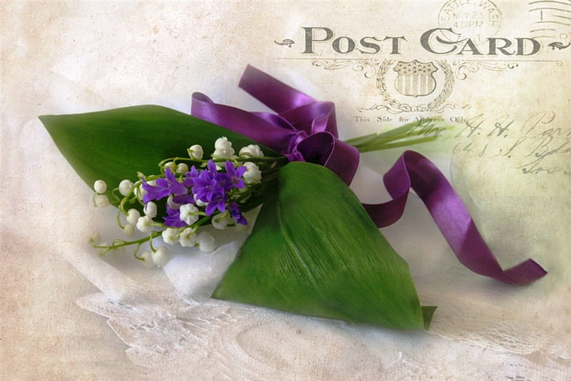 Post Card, special, lilies of the valley, purity, card, green, flowers, beauty, vintage, post, soft, spring, delicate, abstract, freshness, purple, bouquet, white, HD wallpaper