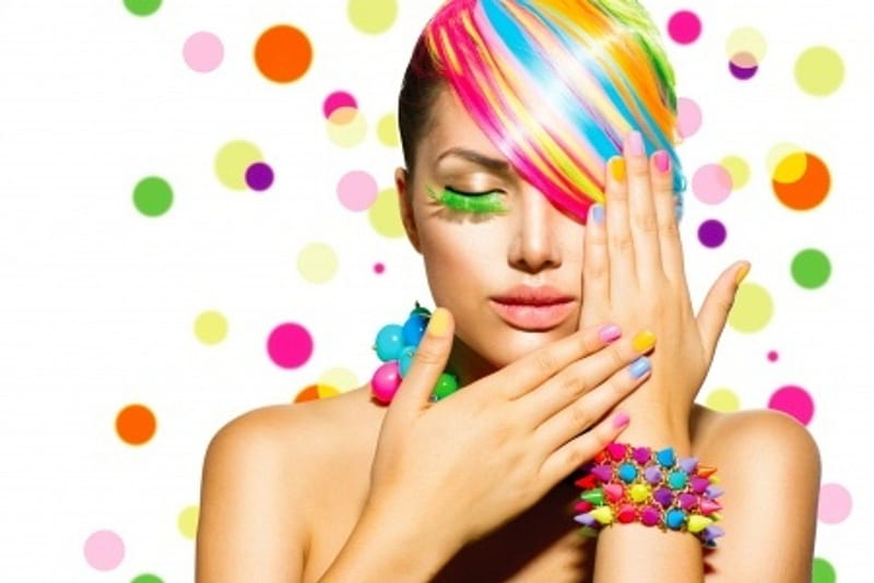 :), pretty, colorful, gorgeous faces, rainbow, make up, hair, girl, beauty, fingernails, HD wallpaper