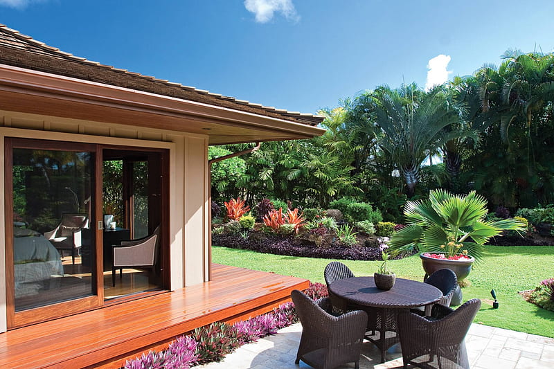 Exterior and Tropical Garden of Contemporary Home in Kauai Hawaii, polynesia, house, home, villa, modern, exterior, dream, luxury, exotic, islands, contemporary, million, hawaii, pound, idyllic, paradise, gardens, garden, island, kauai, HD wallpaper