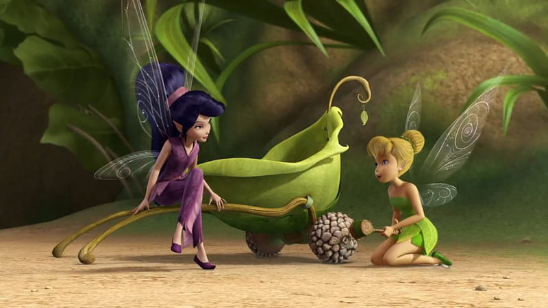 Vidia and Tinker Bell, wings, movie, Tinker Bell, Vidia, fantasy, girl, green, purple, The pirate fairy, disney, HD wallpaper