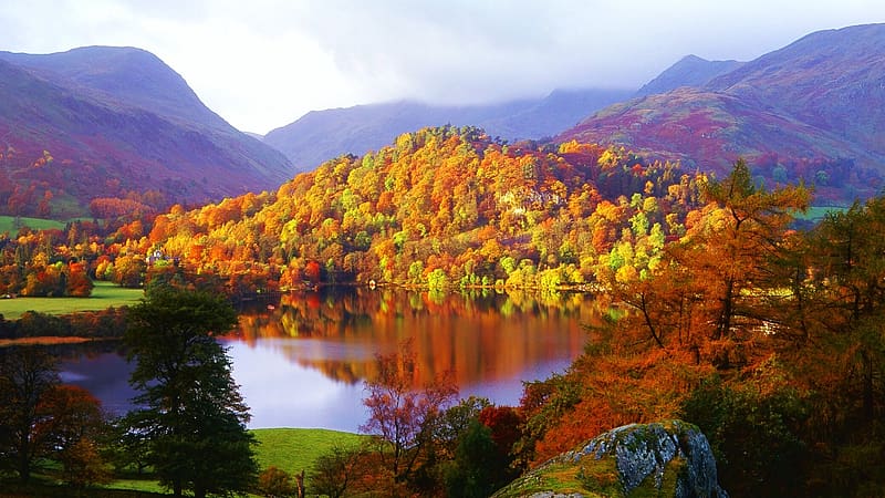 Amazing Autumn Breaks in the Lake District, England, mist, cumbria, fall, landscape, trees, colors, water, mountains, HD wallpaper