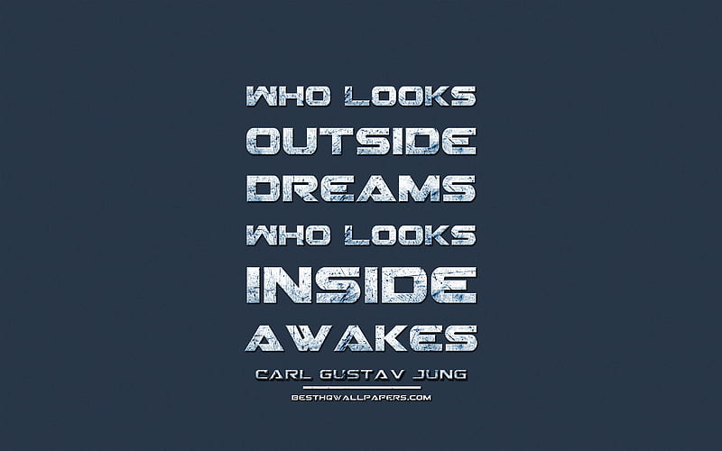 Who looks outside Dreams Who looks inside Awakes, Carl Gustav Jung, grunge metal text, quotes about dreams, Carl Gustav Jung quotes, inspiration, blue fabric background, HD wallpaper
