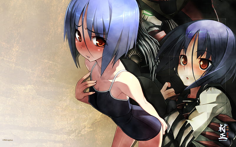 full metal deamon, short hair, blus, wet, red eyed, blue eyes, bikini, HD wallpaper