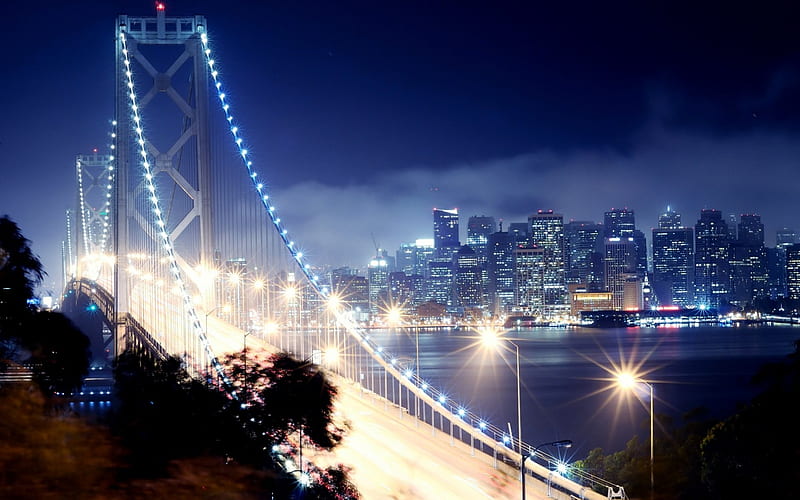 BRIDGE LIGHTS, bay bridge, california, night, san francisco, HD wallpaper