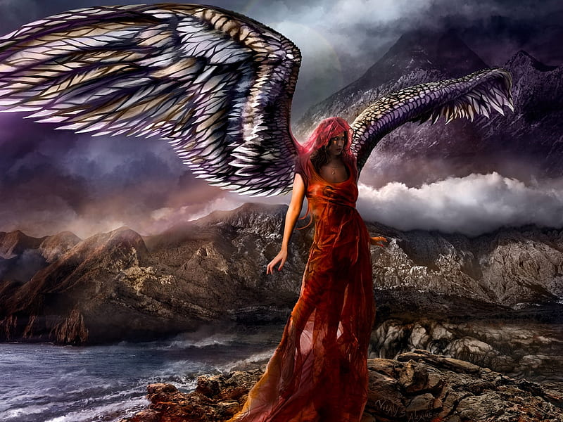 red angel, shore, wings, girl, sea, cliffs, HD wallpaper