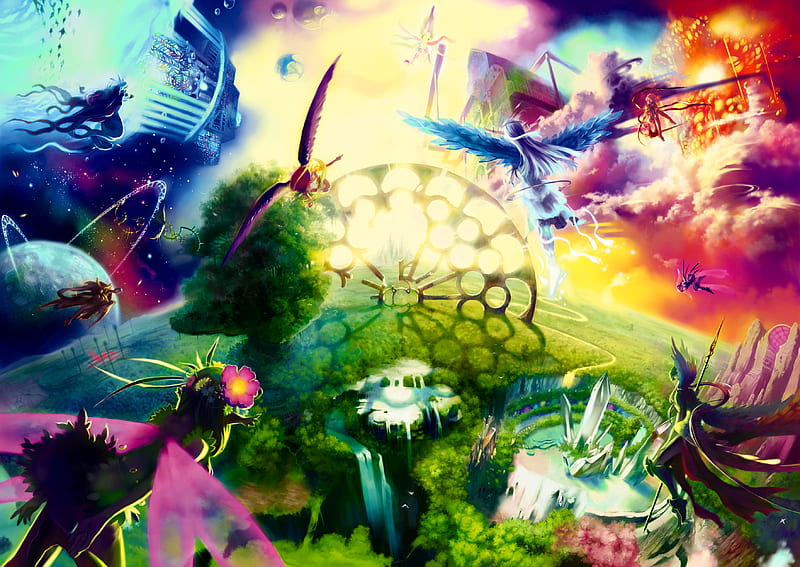 The four Elements, fire, water, wind, anime, goddess, earth, HD wallpaper |  Peakpx