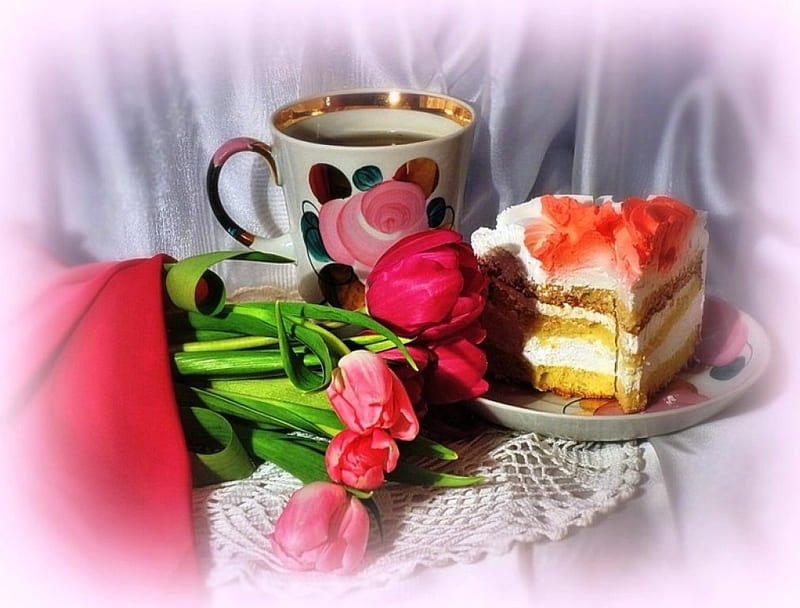 Tasty cake and tea, cake, red, spring, abstract, tea, still life, tasty, cup, flowers, drink, tulips, pink, other, HD wallpaper