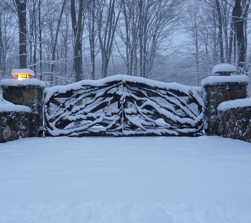 Welcome Home 1, driveway, gate, snow, white, HD wallpaper