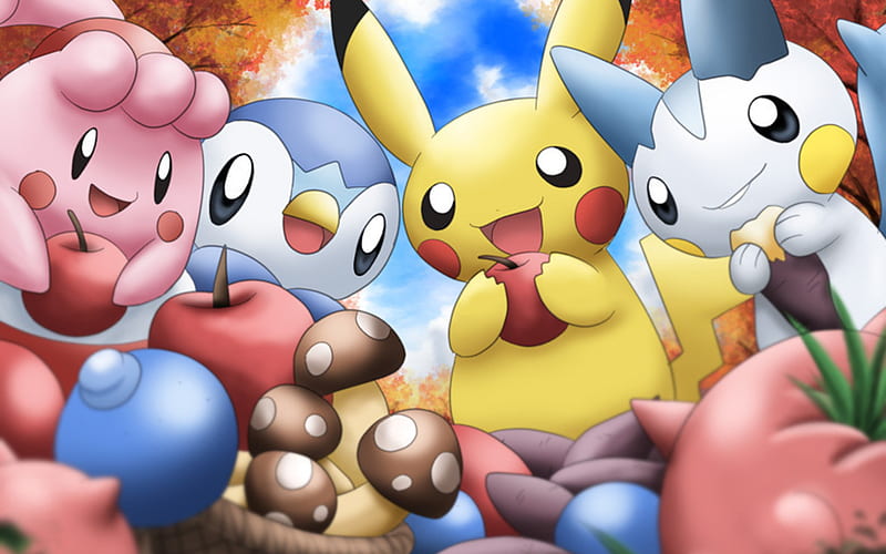 Cute Pokemon, pokemon, berries, anime, pikachu, HD wallpaper