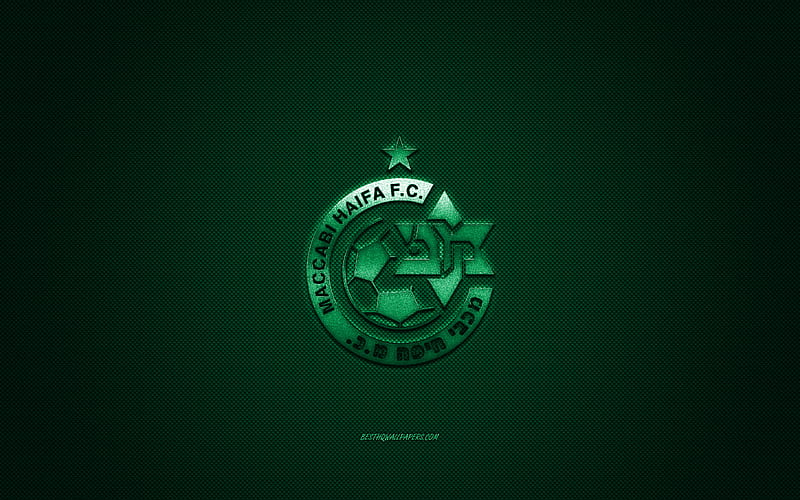 Maccabi Haifa FC, Israeli football club, green logo, green carbon fiber background, Israeli Premier League, football, Haifa, Israel, Maccabi Haifa FC logo, HD wallpaper