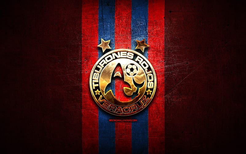 Veracruz FC, golden logo, Liga MX, red metal background, football, Club Deportivo Veracruz, mexican football club, Veracruz logo, soccer, Mexico, HD wallpaper