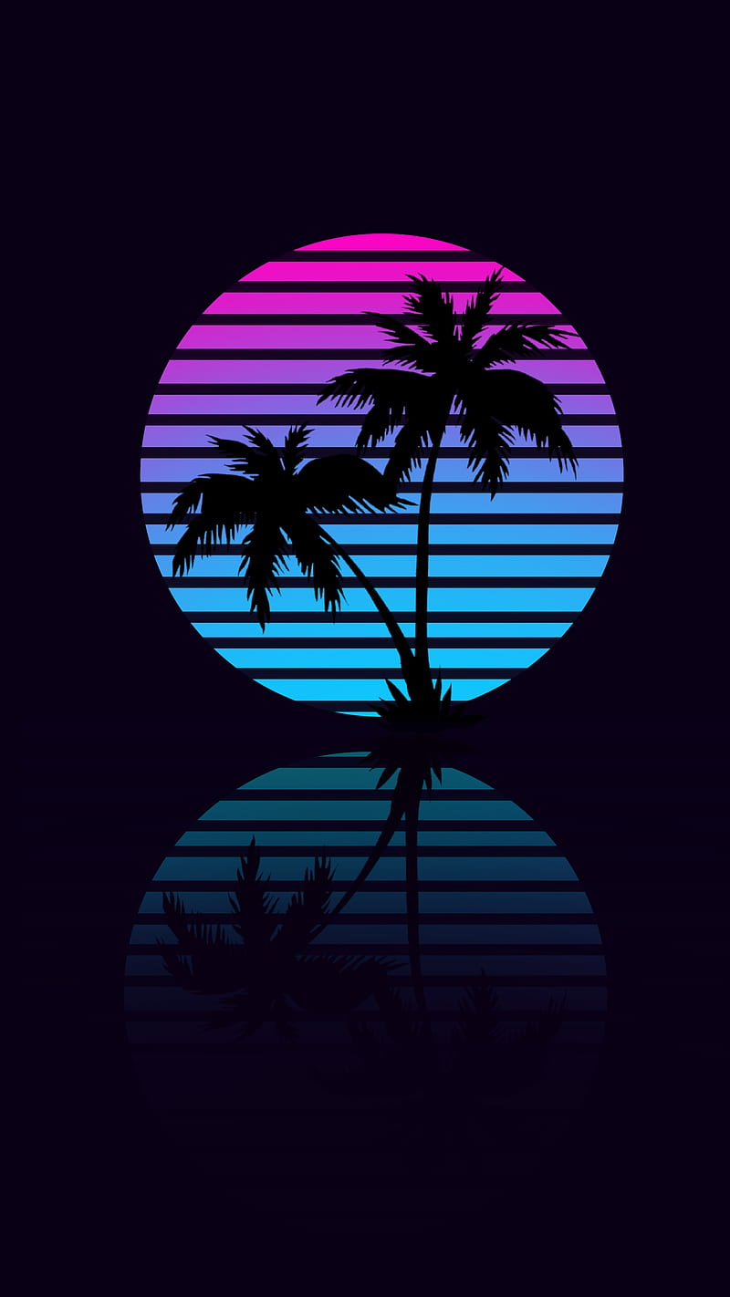 Vaporwave Retro Tree, 80s, ocean, palm, pink, sea, sun, sunset, HD phone wallpaper