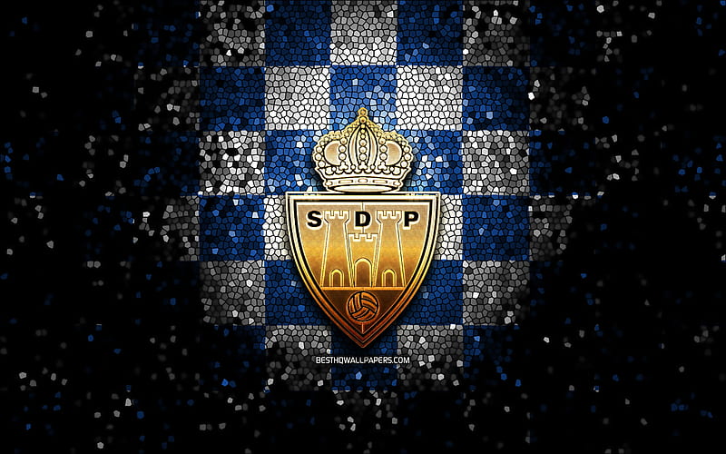Ponferradina FC, glitter logo, La Liga 2, blue white checkered background, Segunda, soccer, spanish football club, Ponferradina logo, mosaic art, football, LaLiga 2, SD Ponferradina, HD wallpaper