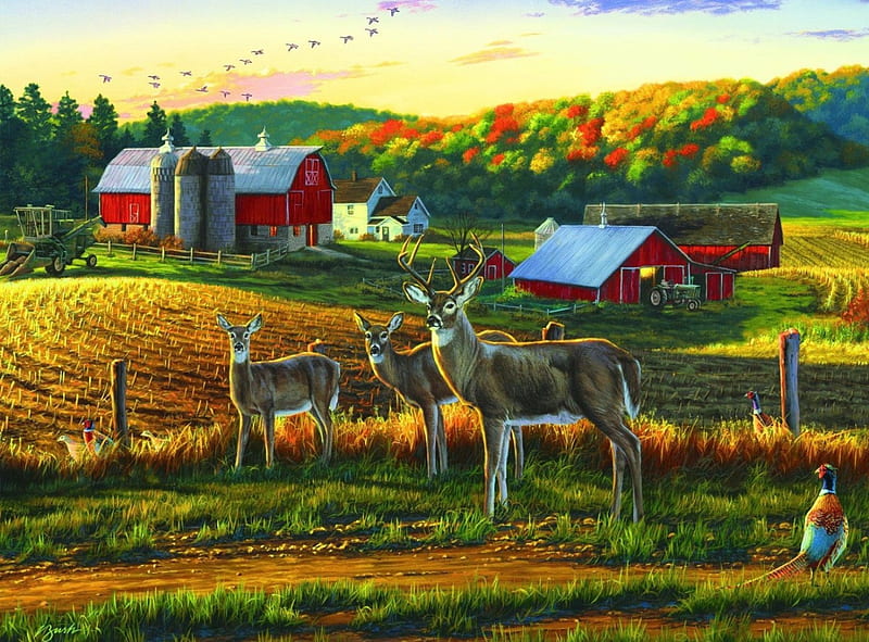 Deer At Autumn, farm, painting, colors, fields, trees, barn, HD wallpaper