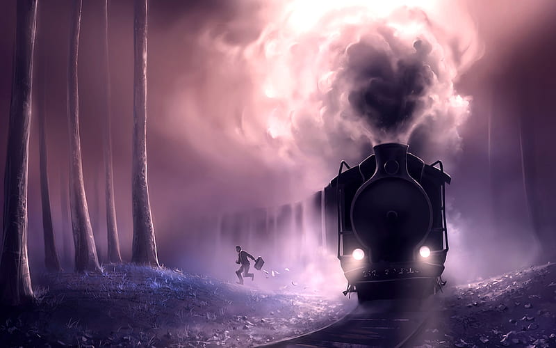 lonely wanderer, train, night, forest, running man, HD wallpaper