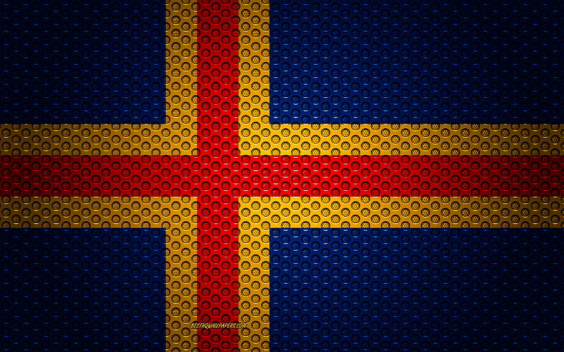 Flag of Aland Islands creative art, metal mesh texture, Aland Islands flag, national symbol, Aland Islands, Europe, flags of European countries, HD wallpaper
