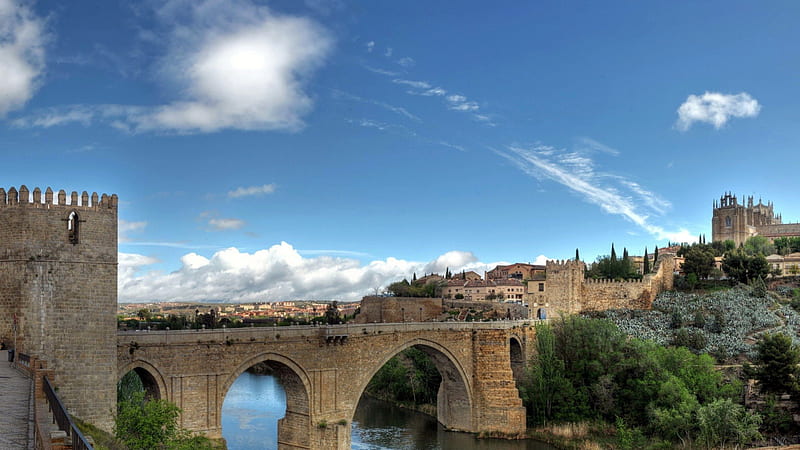 fortress bridge to a cathedral in spain, cathedral, bridge, town, fortress, river, sky, hill, HD wallpaper