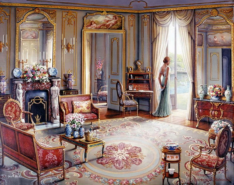 Victorian Interior, room, window, woman, furniture, painting, chimney, HD wallpaper