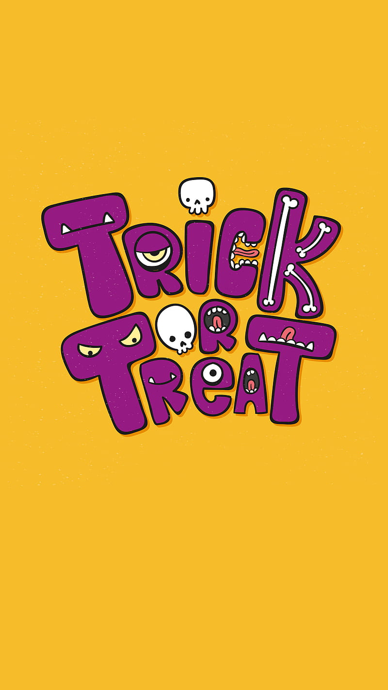 Trick or Treat, Kiss, bones, cute, purple, skeleton, skull, teeth, trick or treak, yellow, HD phone wallpaper