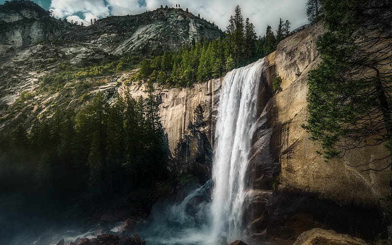 vernal falls, waterfall, mountains, usa, rocks, forest, yosemite, HD wallpaper