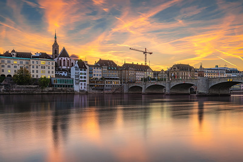 Cities, City, Basel, Bridge, Building, House, River, Sunset, Switzerland, HD wallpaper