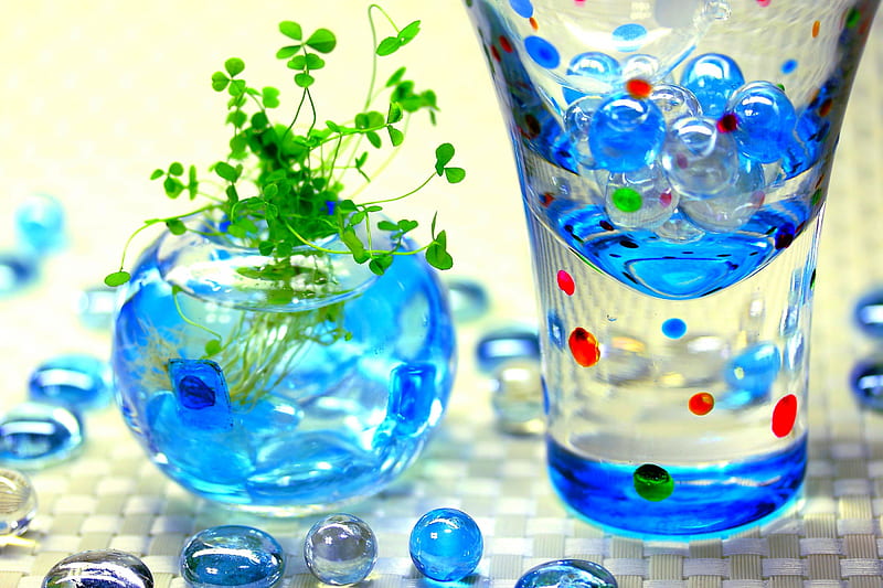 SUMMER BLUE, glass, plant, summer, marbles, blue, HD wallpaper