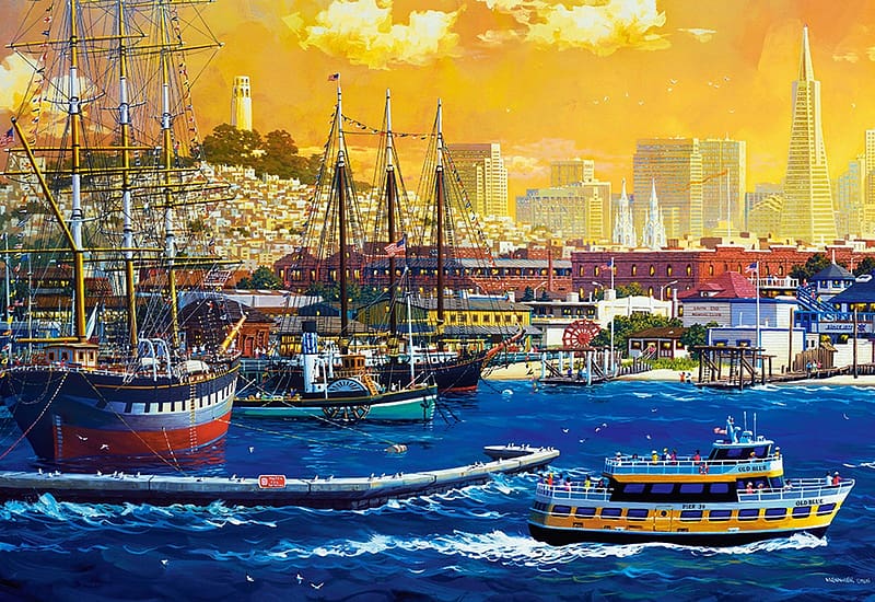 The Port of San Francisco, artwork, buildings, ships, city, painting, HD wallpaper