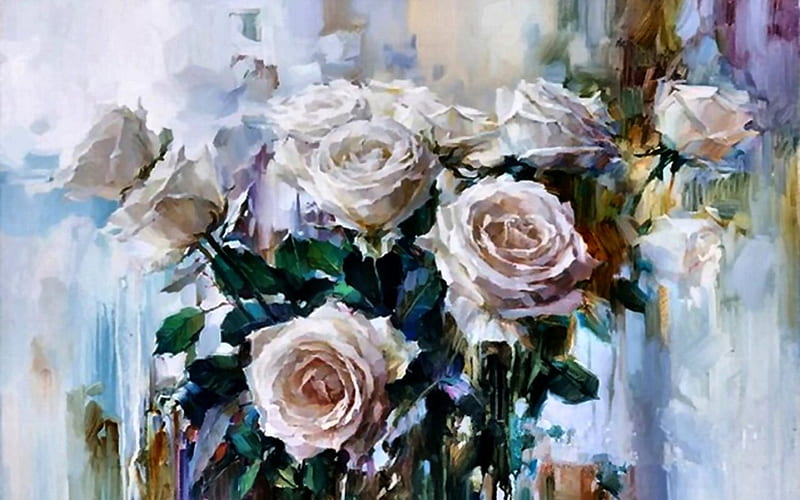 White Roses F1, art, romance, roses, abstract, artwork, floral, love, painting, wide screen, flower, beauty, white, HD wallpaper