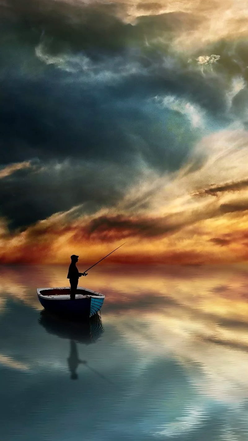 Fishing, boat, calm lake, lake, man, sky, sunsets, HD phone wallpaper