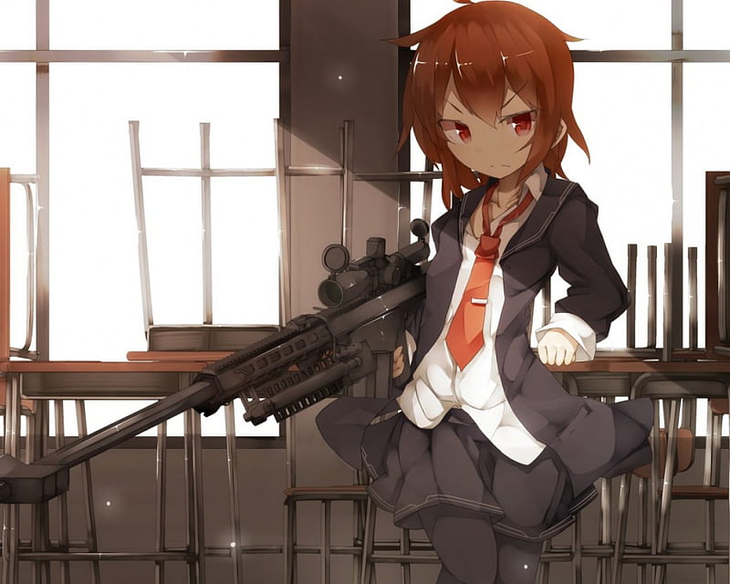 A Sniper, class, brown hair, skirt, tie, unifrom, school, short hair, lovey, nice, anime girl, HD wallpaper