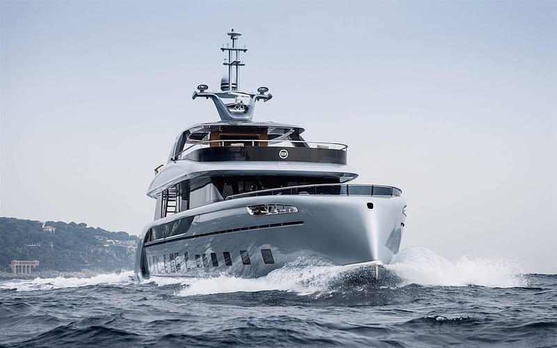 luxury yacht, modern ships, sea, waves, silvery yacht, HD wallpaper