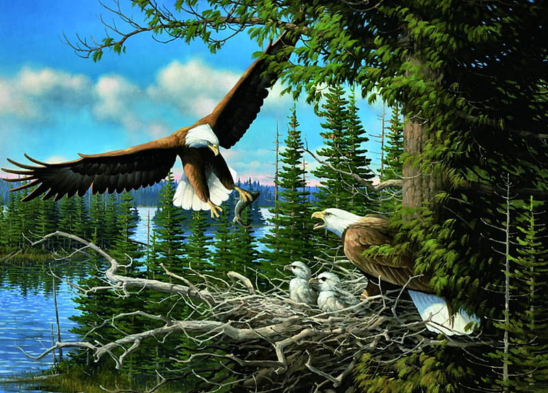 Nesting Eagles F2Cmp, art, eagle, artwork, animal, nest, bird, aerie, avian, painting, wide screen, wildlife, raptor, HD wallpaper