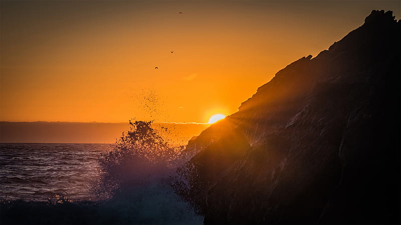 Crashing Waves at Sunset, rocks, horizon, ocean, birds, sunset, waves, sky, sea, sunrise, Firefox Persona theme, HD wallpaper